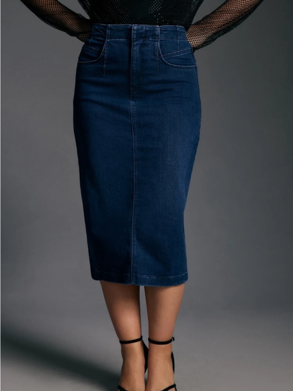 Sz 4 Pilcro Anthropologie Dark Blue Denim Midi Pencil Skirt